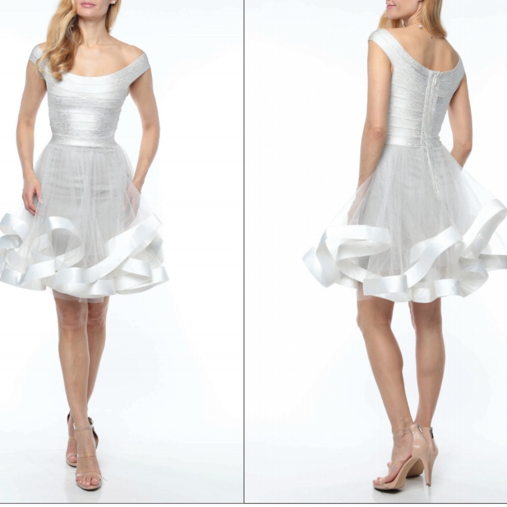 Silver Short, bandage dress with Ribbon Bottom